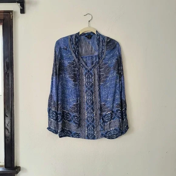 Lucky Brand Womens V-Neck Tie Long Sleeve Printed Peasant Boho Blue Top Size M - Picture 1 of 5